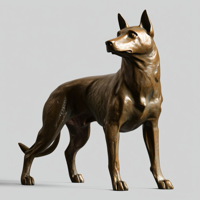Bronze sculpture of a Shiba Inu dog standing in a proud pose. The sculpture is detailed, showing the texture of the fur and muscles.