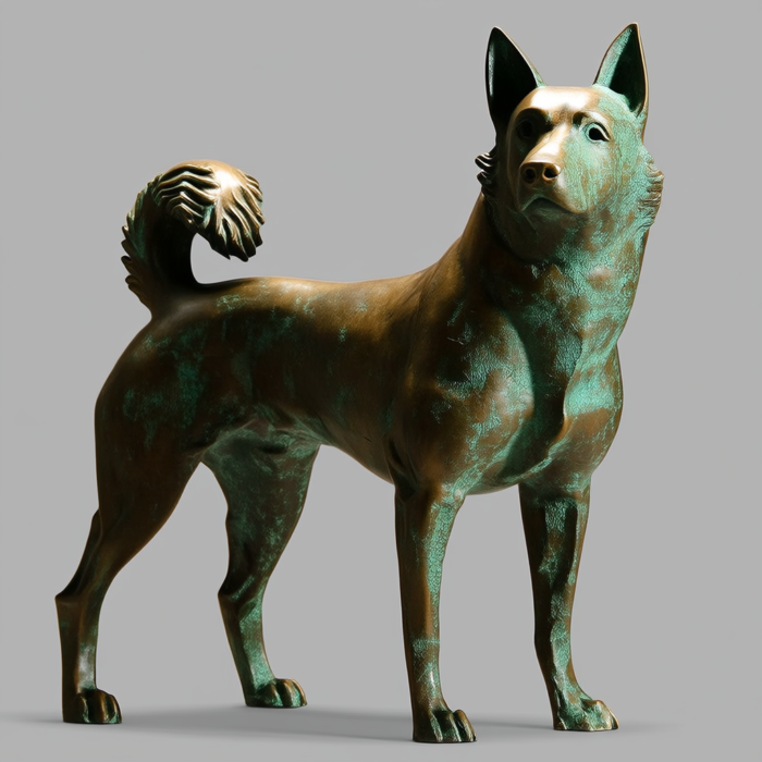 Bronze sculpture of a Shiba Inu dog, standing majestically with a detailed and textured surface showing a mix of bronze and green patina.