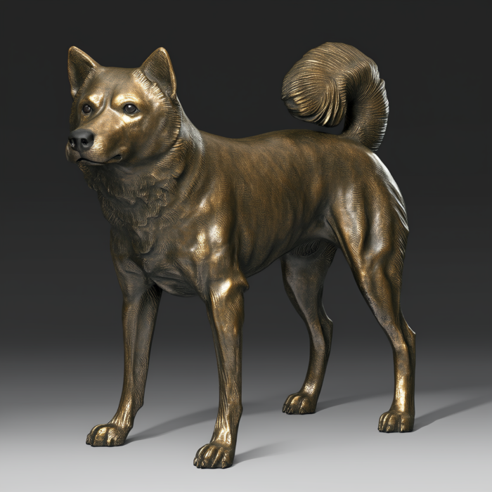 Bronze sculpture of a Shiba Inu dog, standing in profile, showcasing detailed musculature and fur texture.