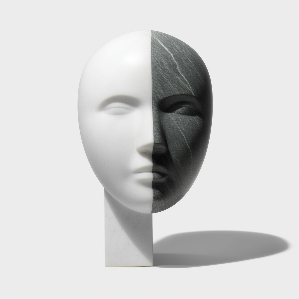 Minimalist digital artwork: A monochromatic marble sculpture, a stylized human portrait, against a white background. Geometric abstraction with three tonal gradations.