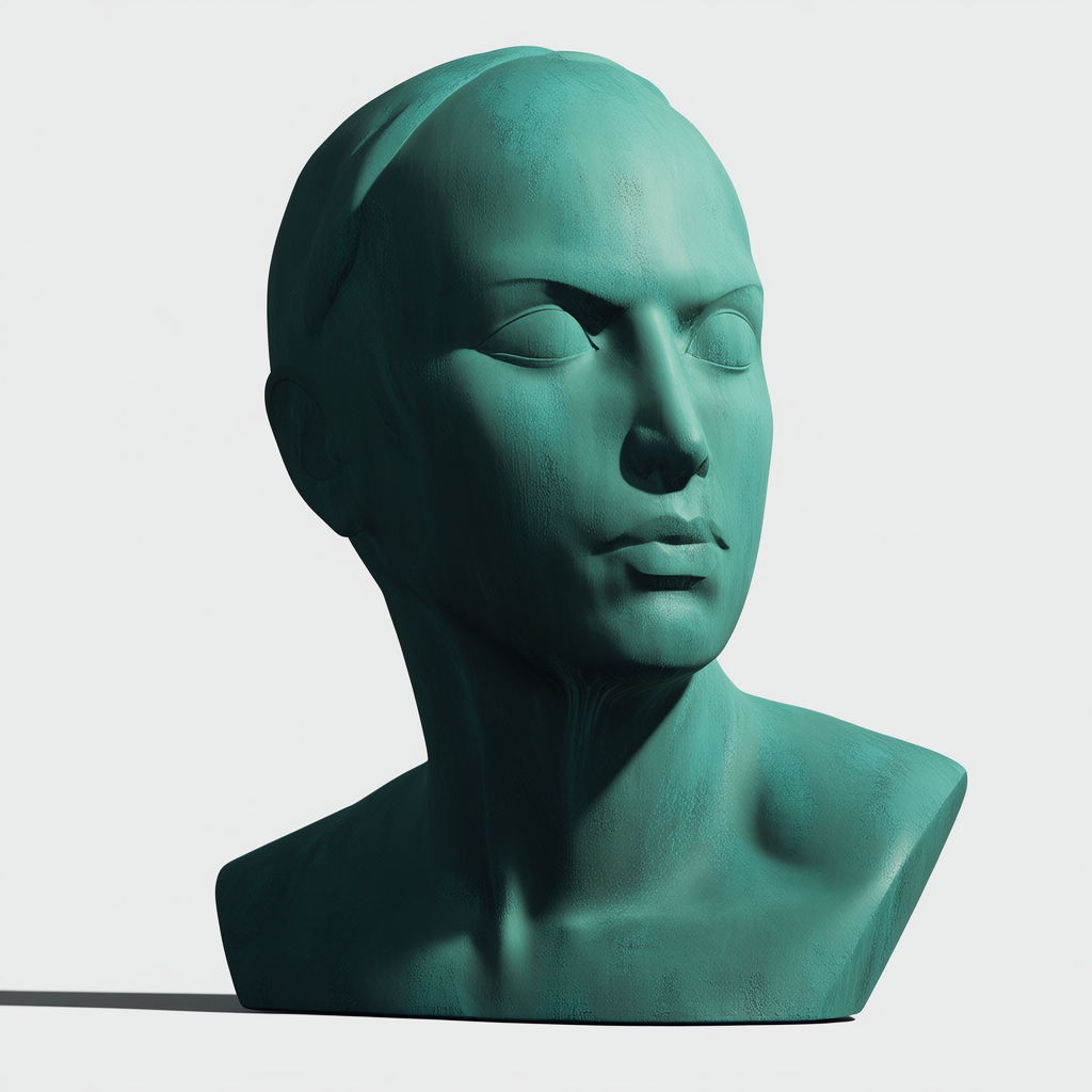 A minimalist bronze sculpture of a stylized human head, featuring a monochromatic palette and geometric abstraction. The background is transparent.