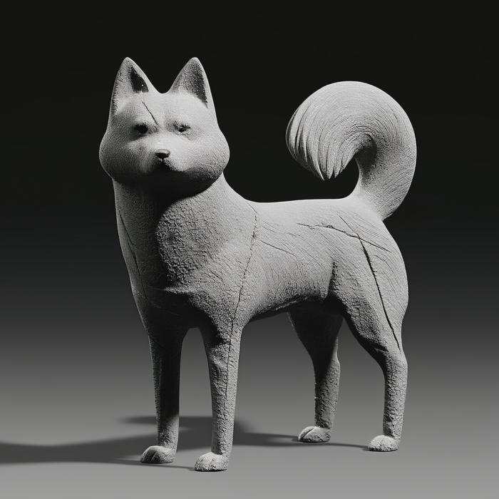 A monochrome sculpture of a Shiba Inu dog, standing in a three-quarter view. The sculpture has a textured surface, giving it a realistic fur-like appearance.