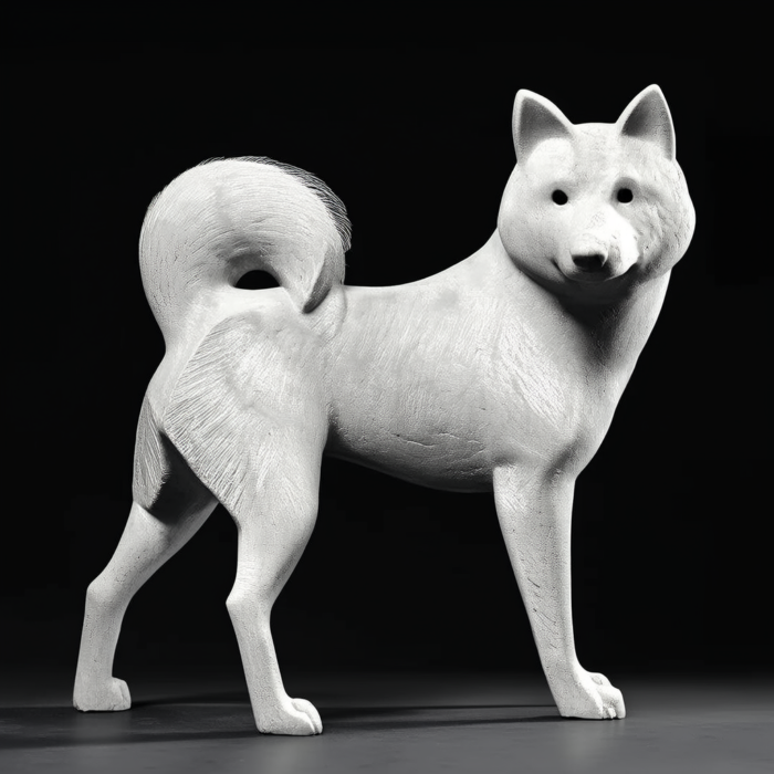 A white resin sculpture of a Shiba Inu dog, standing in profile, showcasing a textured surface and detailed fur.