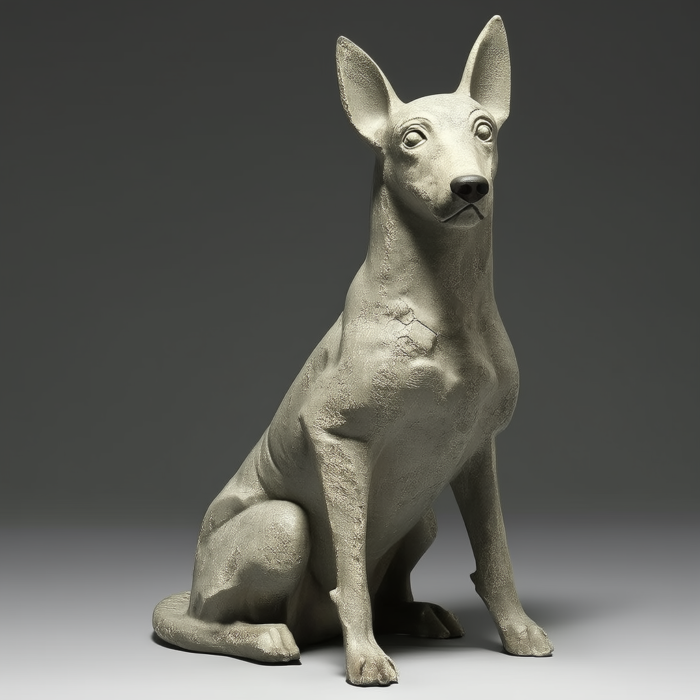 A meticulously crafted sculpture of a Shiba Inu dog sitting calmly. The sculpture is light grey and features a textured surface.