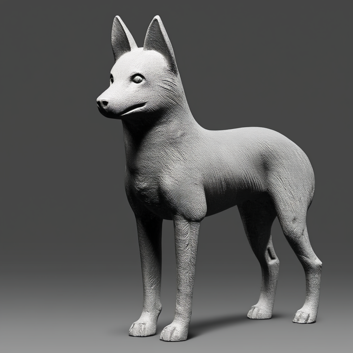 A 3D-rendered grayscale sculpture of a Shiba Inu dog standing in profile view. The sculpture has detailed texturing to simulate fur.