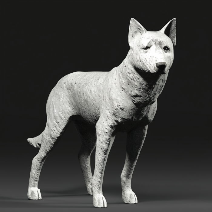 A detailed sculpture of a Shiba Inu dog, standing in a three-quarter view. The sculpture has a textured surface and is presented against a dark background.