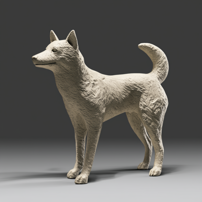 A beige-colored sculpture of a Shiba Inu dog standing in profile view against a gray background.