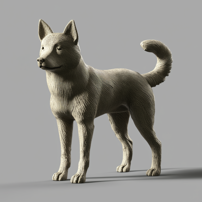 A meticulously crafted sculpture of a Shiba Inu dog, standing in a three-quarter profile view. The sculpture is beige and showcases detailed texturing that imitates the dog's fur.