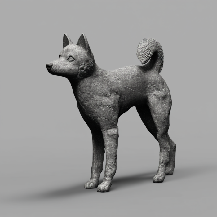 A grey stone sculpture of a Shiba Inu dog standing in profile, showcasing its unique features and textured surface.