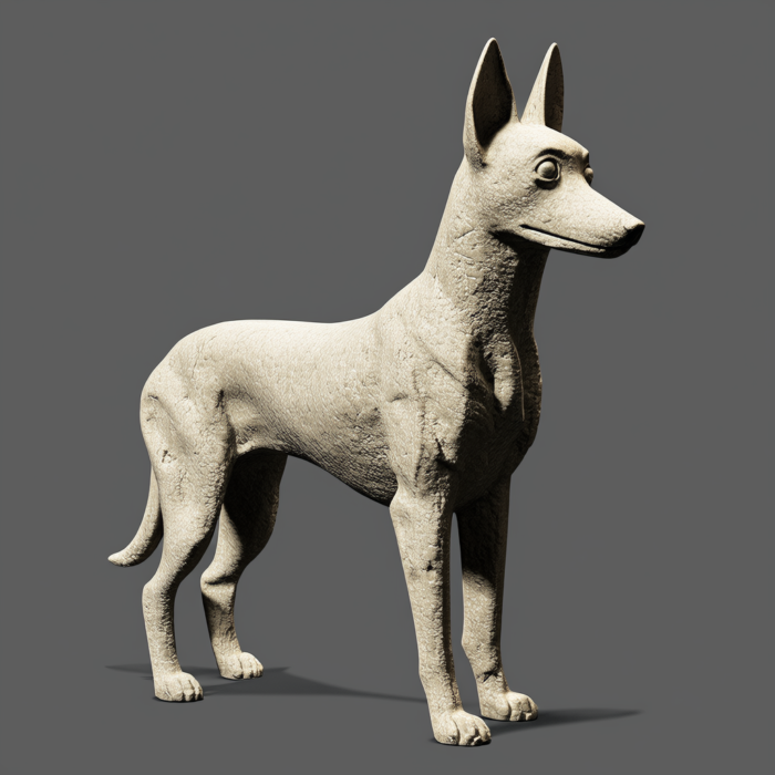 Digital sculpture of a Shiba Inu dog, rendered in a realistic stone texture. The dog is standing and facing to the right.
