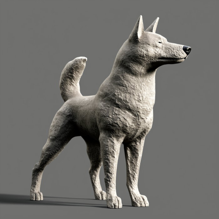 Stone Shiba Inu Sculpture A meticulously carved stone sculpture of a Shiba Inu dog, standing in profile view, showcasing detailed texture and a dignified pose.